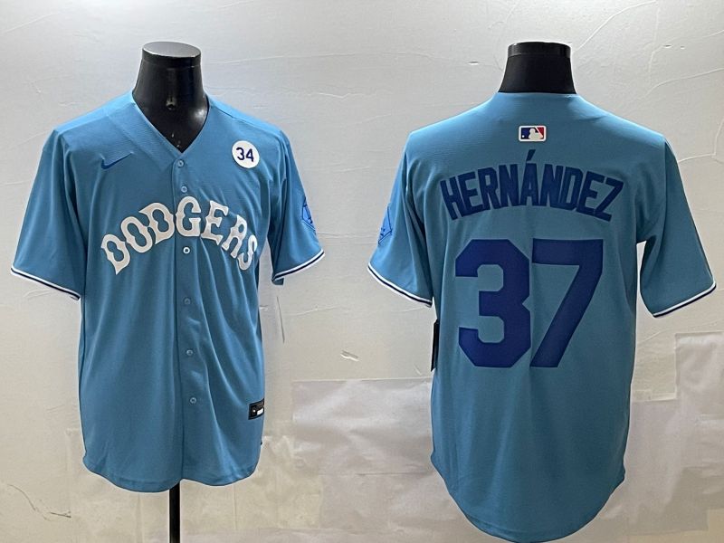Men Los Angeles Dodgers 37 Hernandez Light Blue Joint Name 2025 Nike MLB Jersey style 7